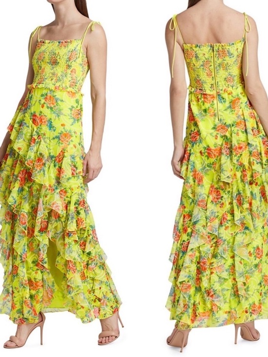 Alice + Olivia Dresses & Skirts - Alice + Olivia Neon Yellow Floral Ruffle Tie-Shoulder Maxi Dress